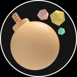 Duo server icon: An orange cartoon bomb with a red, yellow, and green D20 floating to the upper right of it.